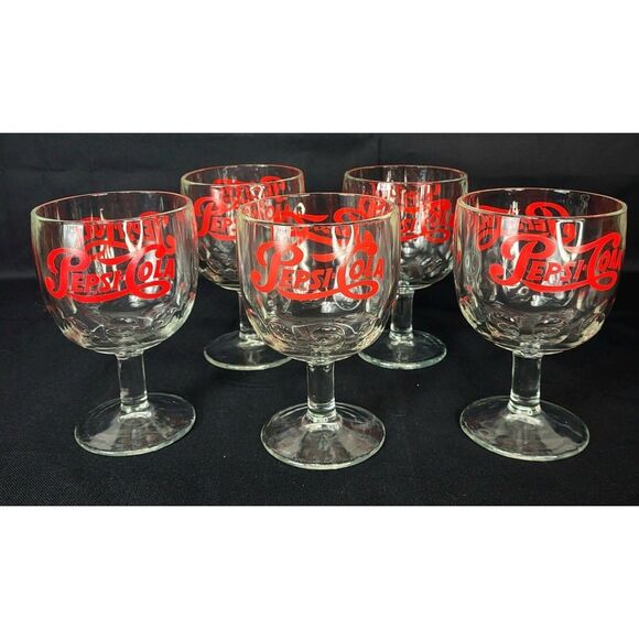 Vintage 70s Pepsi Cola Set of Five Heavy Glass Thumbprint Drinking Goblets - Picture 1 of 13
